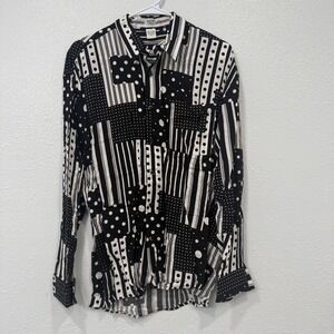 Vintage Policy Mens Rayon Button Down Shirt Black White Polka Dot Stripe Patch M